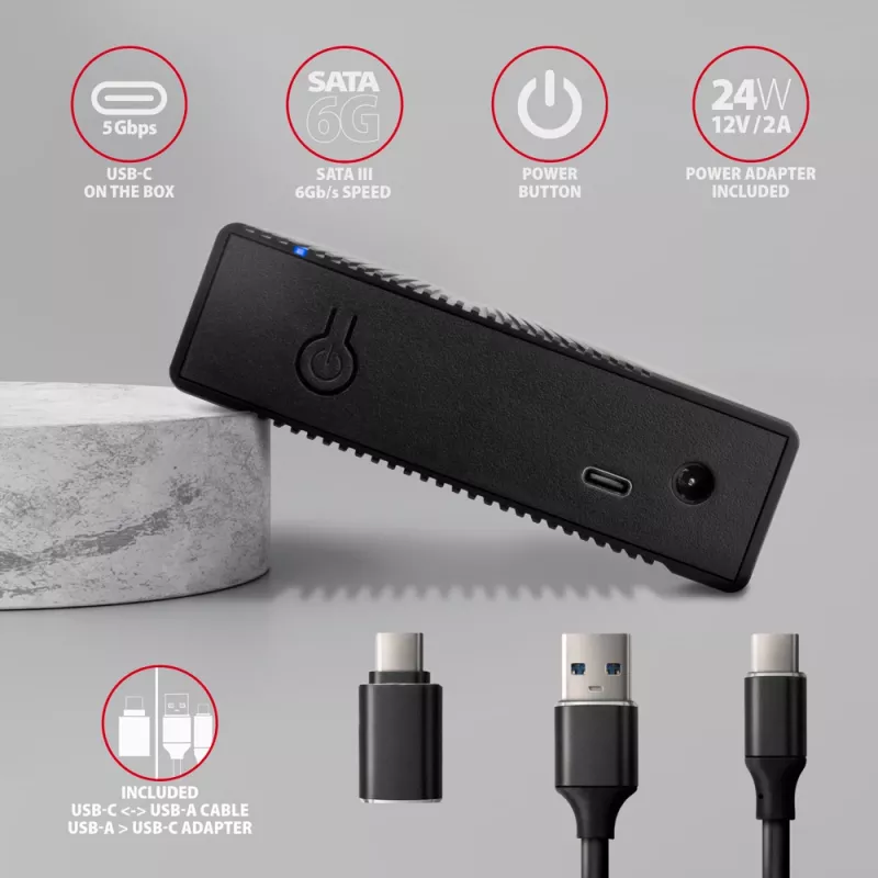 AXAGON EE35-GTR USB-C 5Gbps - SATA 6G, 3.5 colio briaunota dėžutė JUODA - USB Type C išorinis HDD korpusas 3.5 colio