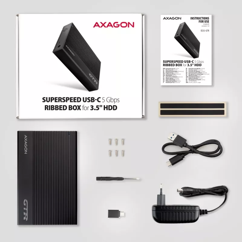 AXAGON EE35-GTR USB-C 5Gbps - SATA 6G, 3.5 colio briaunota dėžutė JUODA - USB Type C išorinis HDD korpusas 3.5 colio
