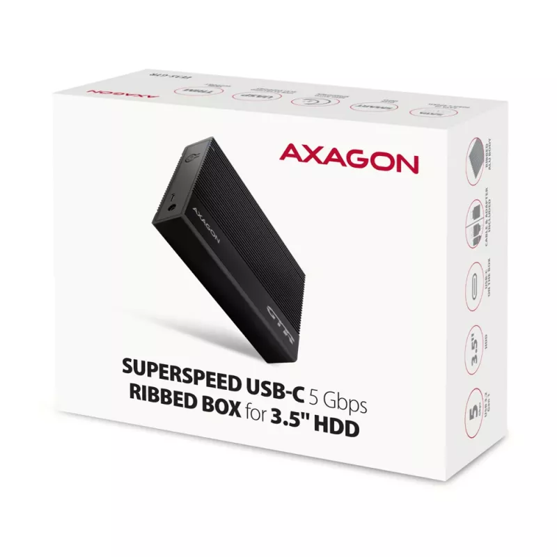 AXAGON EE35-GTR USB-C 5Gbps - SATA 6G, 3.5 colio briaunota dėžutė JUODA - USB Type C išorinis HDD korpusas 3.5 colio