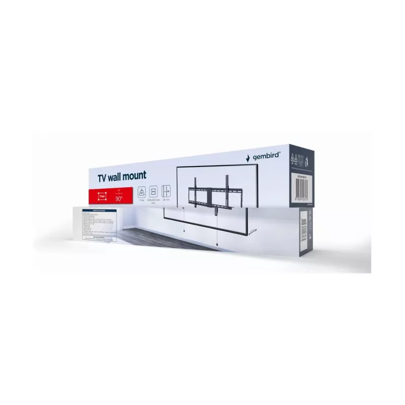 Gembird WM-90F-01 fiksuotas TV laikiklis sienai 43–90 col. ekranams, VESA 800x400, 70 kg, juodas