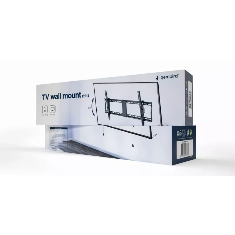 Gembird WM-90T-01 sieninis TV laikiklis 43–90 colių ekranams, VESA 200x200–800x400, pakreipimas -12°–3°, 70 kg, juodas