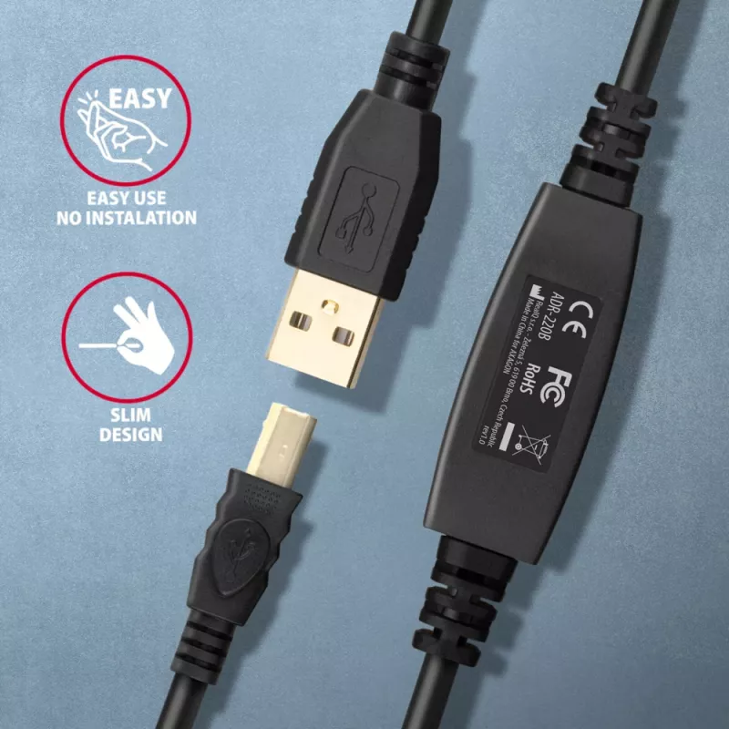 Aktyvus USB 2.0 ilginimo kabelis Axagon ADR-220B, A-M → B-M, 20 m