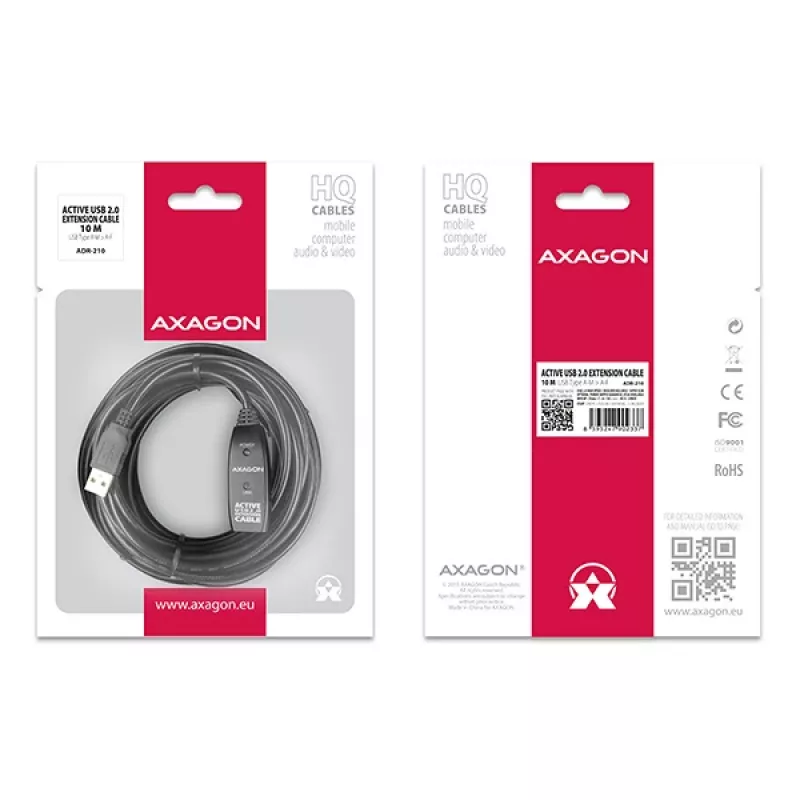Axagon ADR-210 aktyvus USB 2.0 A-M -> A-F prailginimo kartotuvinis laidas 10 m