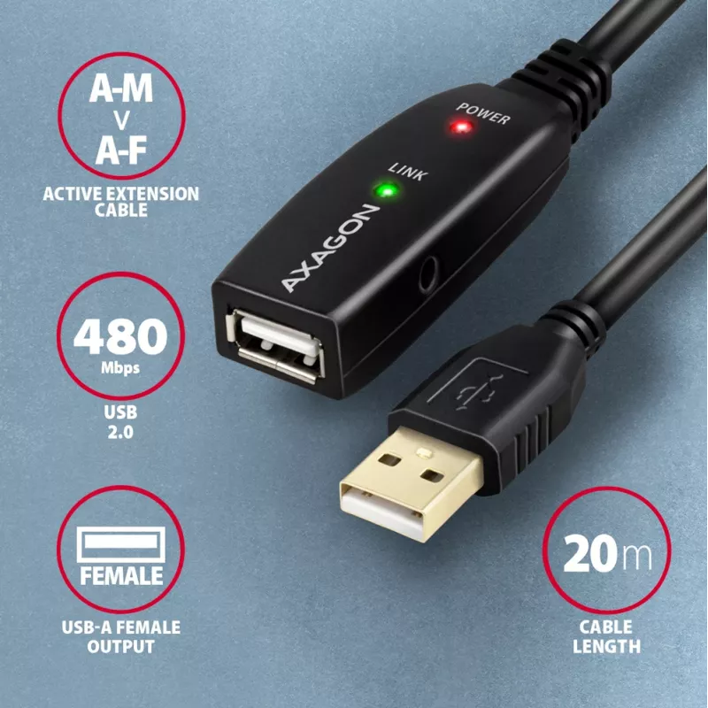 Aktyvus USB 2.0 ilginimo kabelis Axagon ADR-220 20 m (A-M -> A-F)