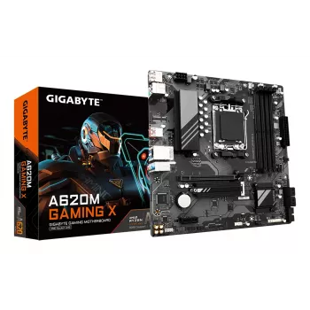 GIGABYTE A620M GAMING X Motininė plokštė – palaiko AMD Ryzen 8000 procesorius, 8+2+1 fazių skaitmeninis VRM, iki 8000MHz DDR5 (OC), 1xPCIe 4.0 M.2, GbE LAN, USB 3.2 Gen 2