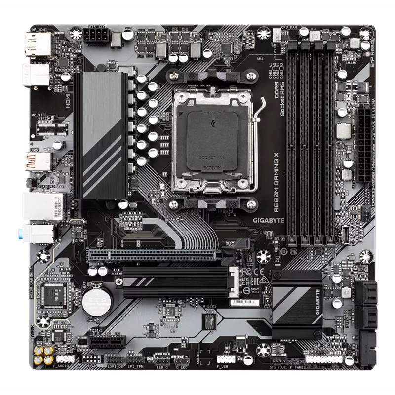 GIGABYTE A620M GAMING X Motininė plokštė – palaiko AMD Ryzen 8000 procesorius, 8+2+1 fazių skaitmeninis VRM, iki 8000MHz DDR5 (OC), 1xPCIe 4.0 M.2, GbE LAN, USB 3.2 Gen 2
