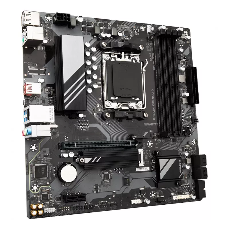 GIGABYTE A620M GAMING X Motininė plokštė – palaiko AMD Ryzen 8000 procesorius, 8+2+1 fazių skaitmeninis VRM, iki 8000MHz DDR5 (OC), 1xPCIe 4.0 M.2, GbE LAN, USB 3.2 Gen 2