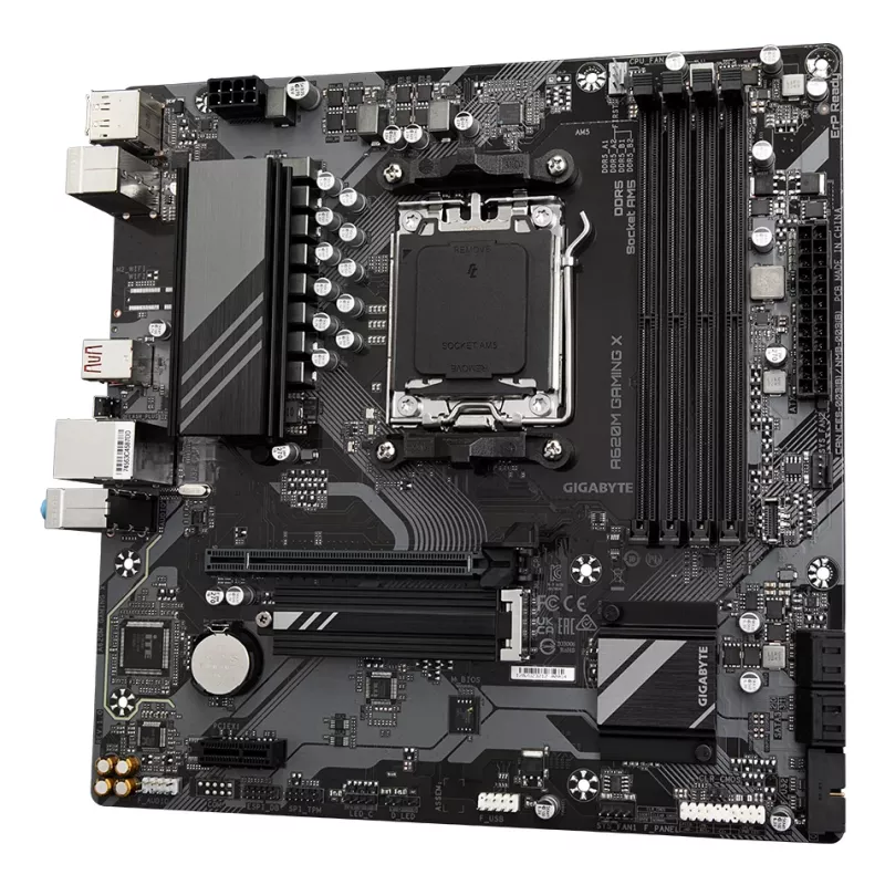 GIGABYTE A620M GAMING X Motininė plokštė – palaiko AMD Ryzen 8000 procesorius, 8+2+1 fazių skaitmeninis VRM, iki 8000MHz DDR5 (OC), 1xPCIe 4.0 M.2, GbE LAN, USB 3.2 Gen 2