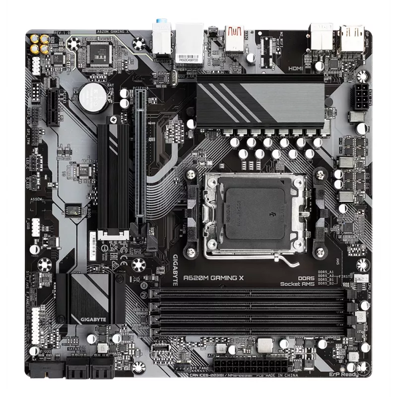 GIGABYTE A620M GAMING X Motininė plokštė – palaiko AMD Ryzen 8000 procesorius, 8+2+1 fazių skaitmeninis VRM, iki 8000MHz DDR5 (OC), 1xPCIe 4.0 M.2, GbE LAN, USB 3.2 Gen 2