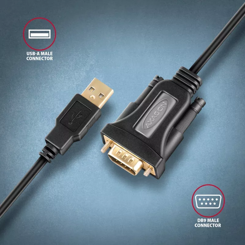Axagon ADS-1PQN USB-A 2.0 – RS-232 DB9-M adapterinis laidas su FTDI lustu, 1,5 m
