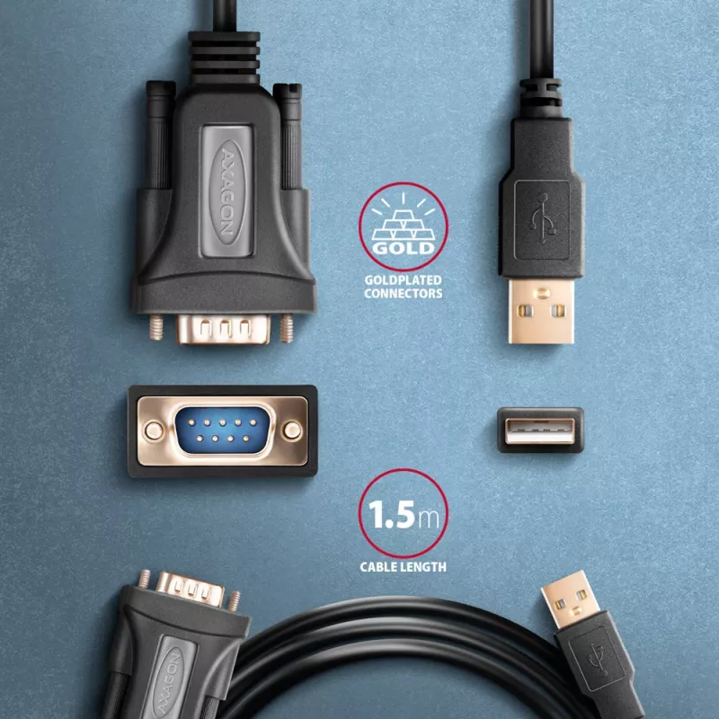 Axagon ADS-1PQN USB-A 2.0 – RS-232 DB9-M adapterinis laidas su FTDI lustu, 1,5 m