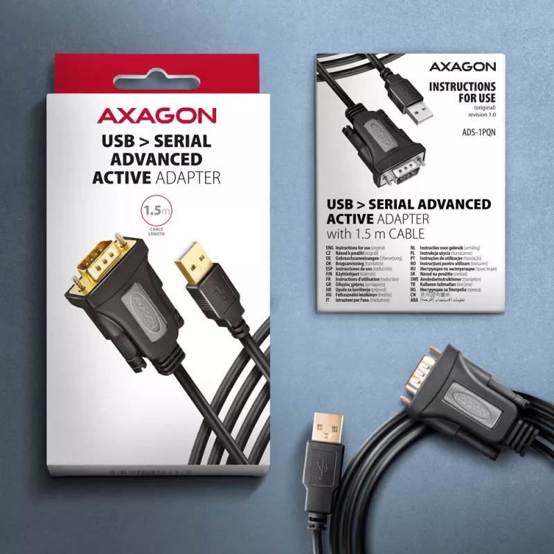 Axagon ADS-1PQN USB-A 2.0 – RS-232 DB9-M adapterinis laidas su FTDI lustu, 1,5 m