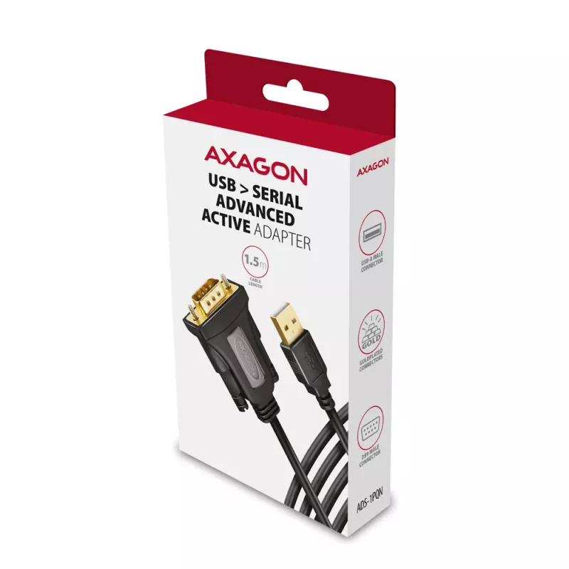 Axagon ADS-1PQN USB-A 2.0 – RS-232 DB9-M adapterinis laidas su FTDI lustu, 1,5 m