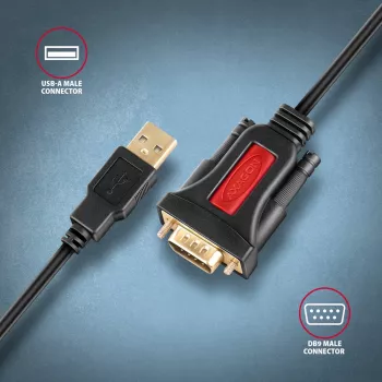 Axagon ADS-1PSN USB-A 2.0 – RS-232 DB9-M Prolific adapterio laidas 1,5 m – Juodas