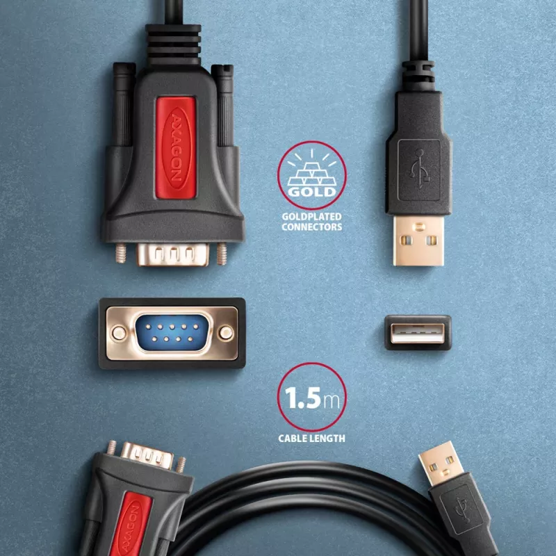 Axagon ADS-1PSN USB-A 2.0 – RS-232 DB9-M Prolific adapterio laidas 1,5 m – Juodas