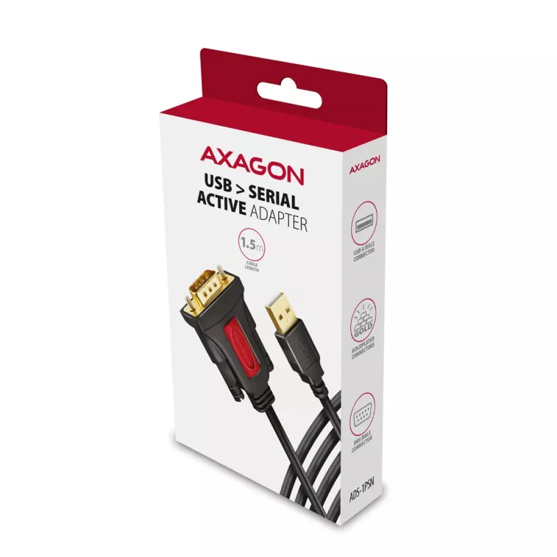 Axagon ADS-1PSN USB-A 2.0 – RS-232 DB9-M Prolific adapterio laidas 1,5 m – Juodas