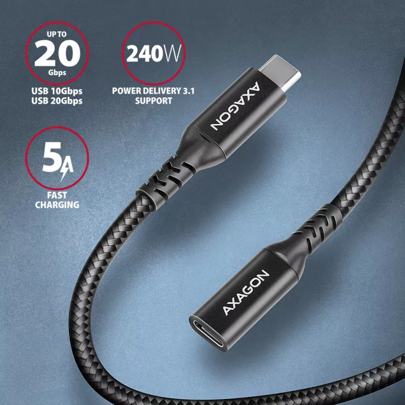 Axagon BUCM32-CF10AB SPEED+ USB-C USB 20Gbps ilginimo kabelis 1 m