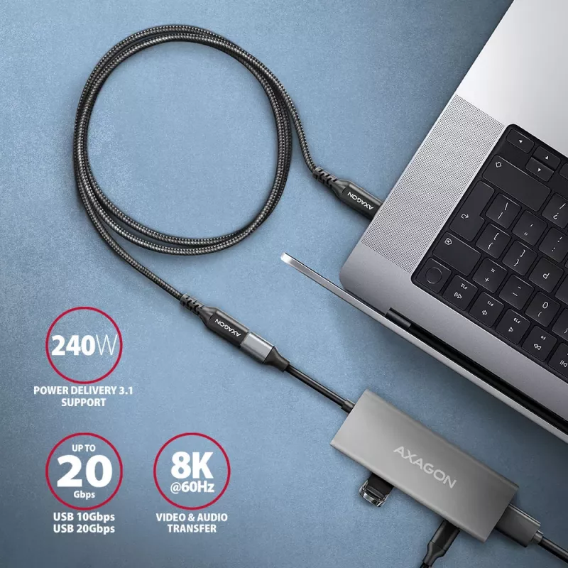 Axagon BUCM32-CF10AB SPEED+ USB-C USB 20Gbps ilginimo kabelis 1 m