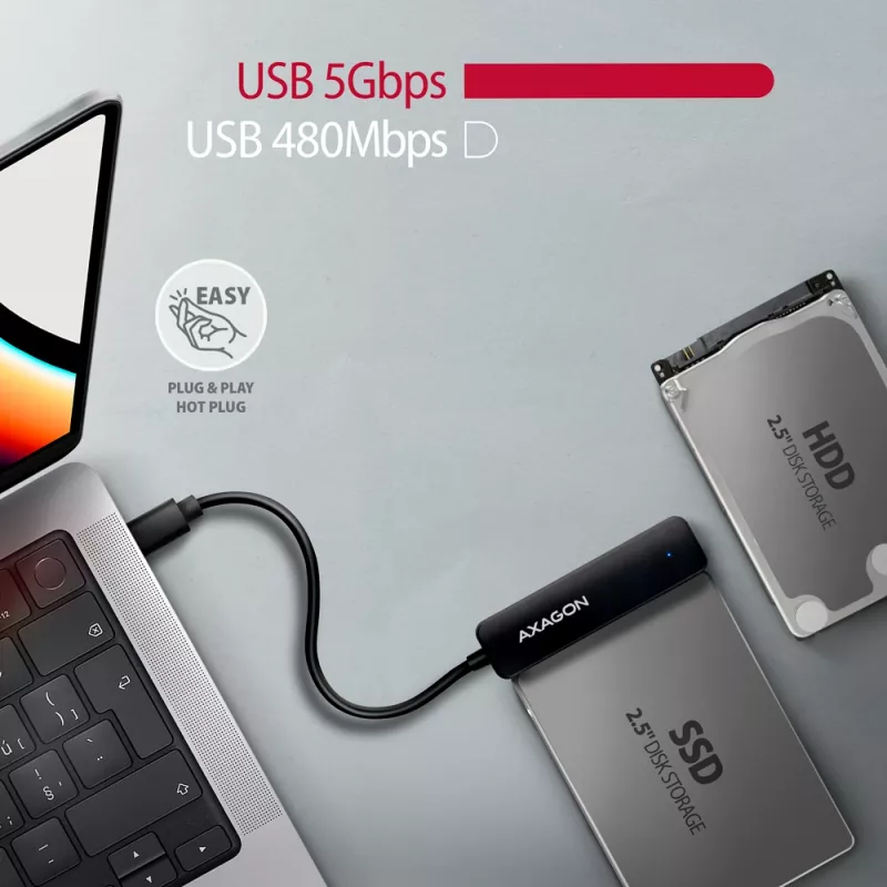 Axagon ADSA-FP2C USB-C 5Gbps – SATA 6G, 2,5 inch SSD/HDD SLIM adapteris