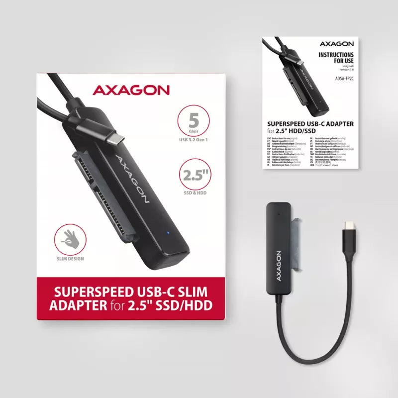 Axagon ADSA-FP2C USB-C 5Gbps – SATA 6G, 2,5 inch SSD/HDD SLIM adapteris
