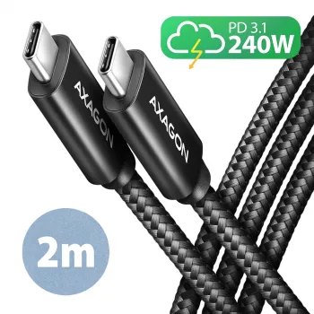 USB-C laidas Axagon BUCM2-CM20AB, 2 m, 240W PD 3.1, 5A, juodas pintas