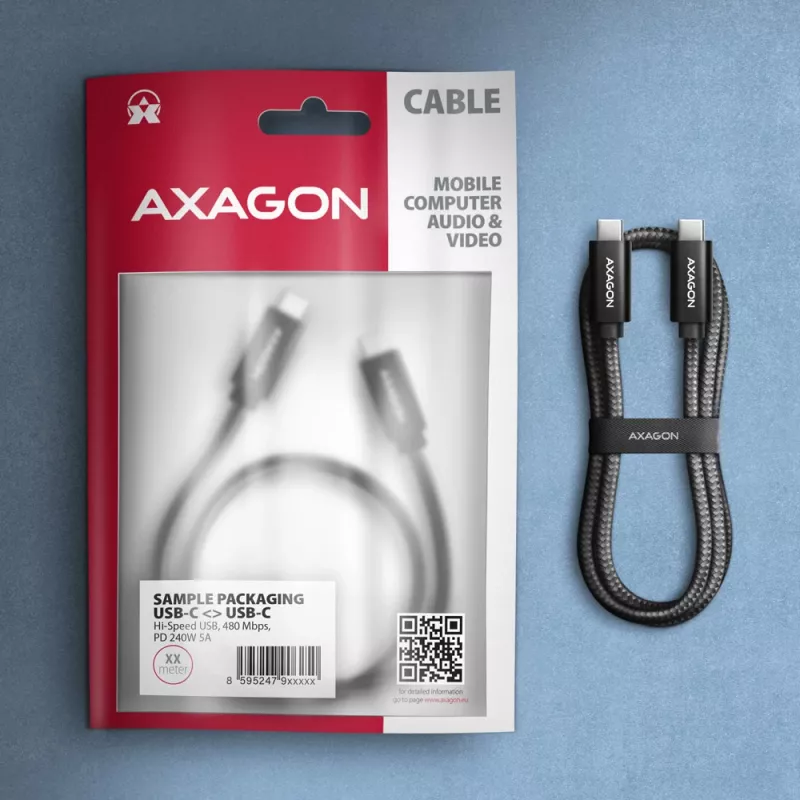 Axagon BUCM2-CM25AB USB-C kabelis duomenims ir įkrovimui, 2,5 m, PD 240W, 5A, juodas pintas
