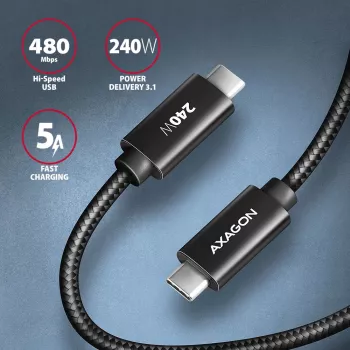 USB-C laidas Axagon BUCM2-CM30AB, 3 m, PD 240W, 5A, juodas pintas