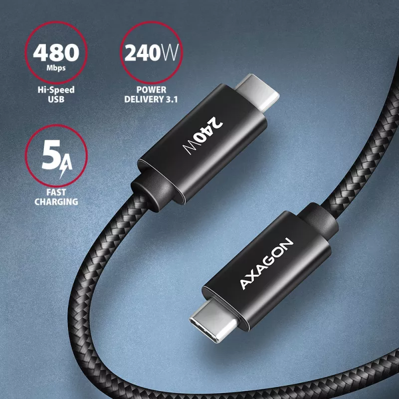 USB-C laidas Axagon BUCM2-CM30AB, 3 m, PD 240W, 5A, juodas pintas