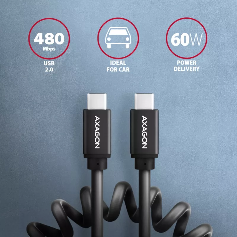 USB-C laidas Axagon BUCM-CM20TB 1,1 m PD 60W 3A juodas