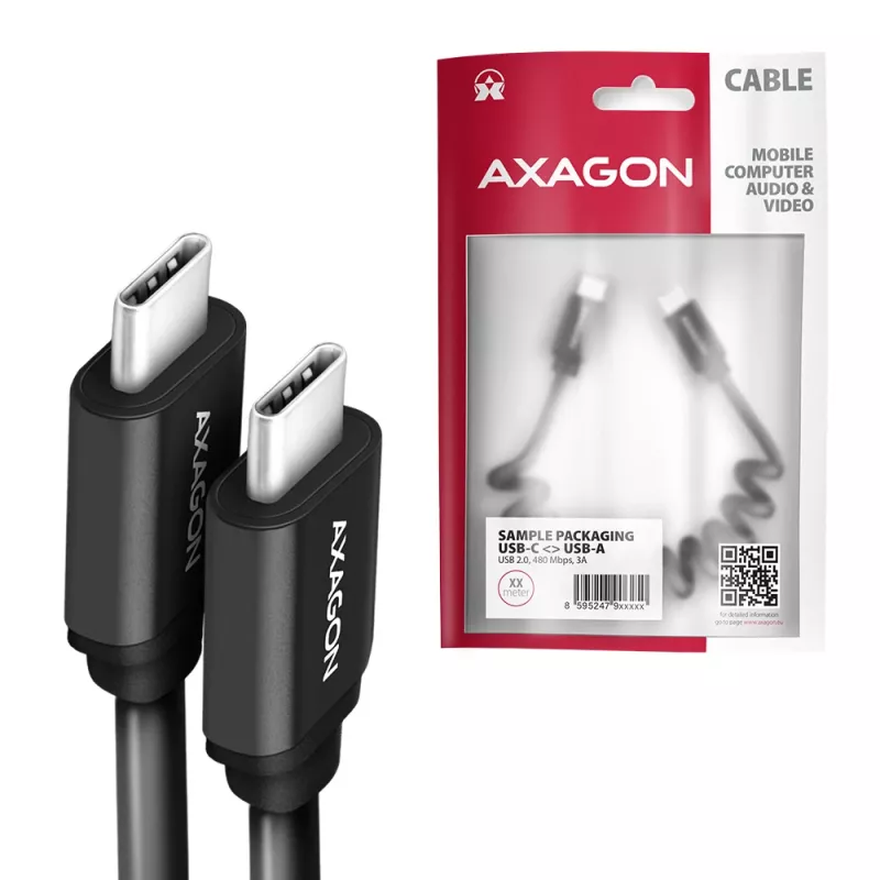 USB-C laidas Axagon BUCM-CM20TB 1,1 m PD 60W 3A juodas