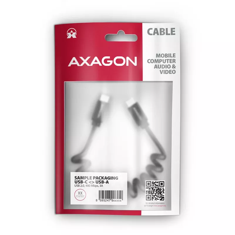 USB-C laidas Axagon BUCM-CM20TB 1,1 m PD 60W 3A juodas