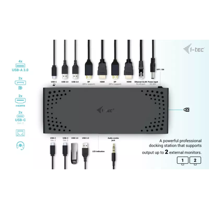 i-tec USB 3.0 / USB-C / Thunderbolt 3 dviejų monitorių dokavimo stotelė Gen2 su 100 W įkrovimu