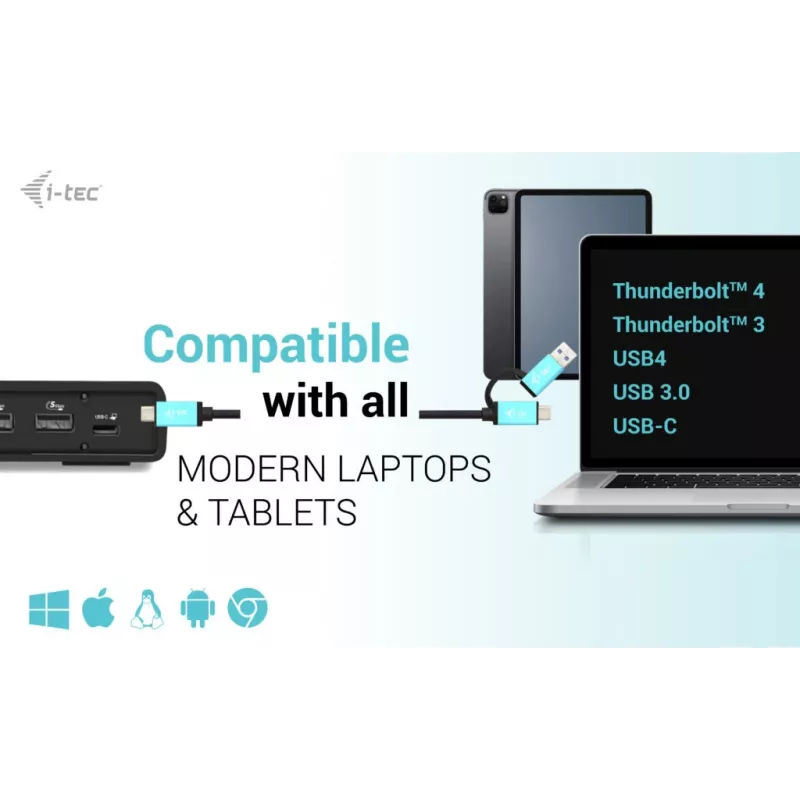 i-tec USB 3.0 / USB-C / Thunderbolt 3 dviejų monitorių dokavimo stotelė Gen2 su 100 W įkrovimu