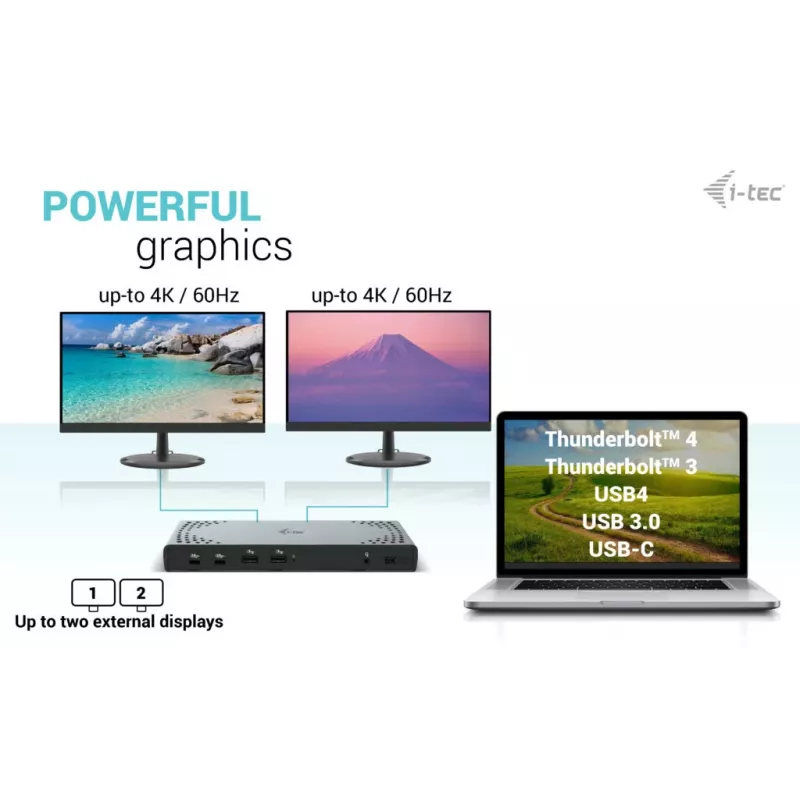 i-tec USB 3.0 / USB-C / Thunderbolt 3 dviejų monitorių dokavimo stotelė Gen2 su 100 W įkrovimu