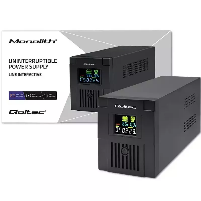 Nepertraukiamo maitinimo šaltinis QOLTEC 53770, linijinis interaktyvus UPS 1,5 kVA (900 W), 2 C13 lizdai, AVR, LCD, USB-B
