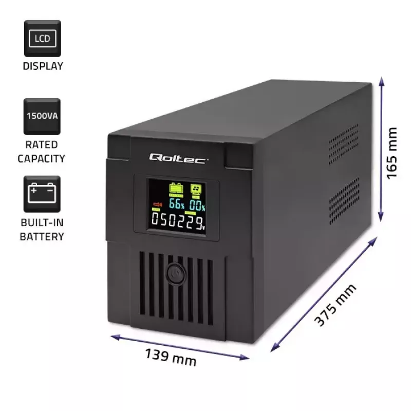 Nepertraukiamo maitinimo šaltinis QOLTEC 53770, linijinis interaktyvus UPS 1,5 kVA (900 W), 2 C13 lizdai, AVR, LCD, USB-B