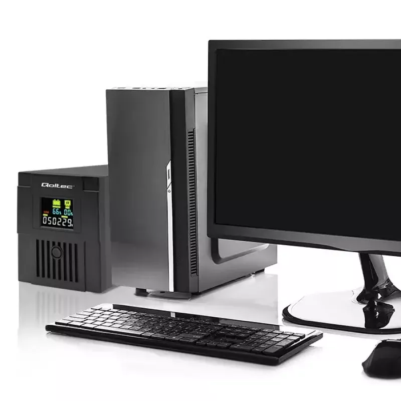 Nepertraukiamo maitinimo šaltinis QOLTEC 53770, linijinis interaktyvus UPS 1,5 kVA (900 W), 2 C13 lizdai, AVR, LCD, USB-B