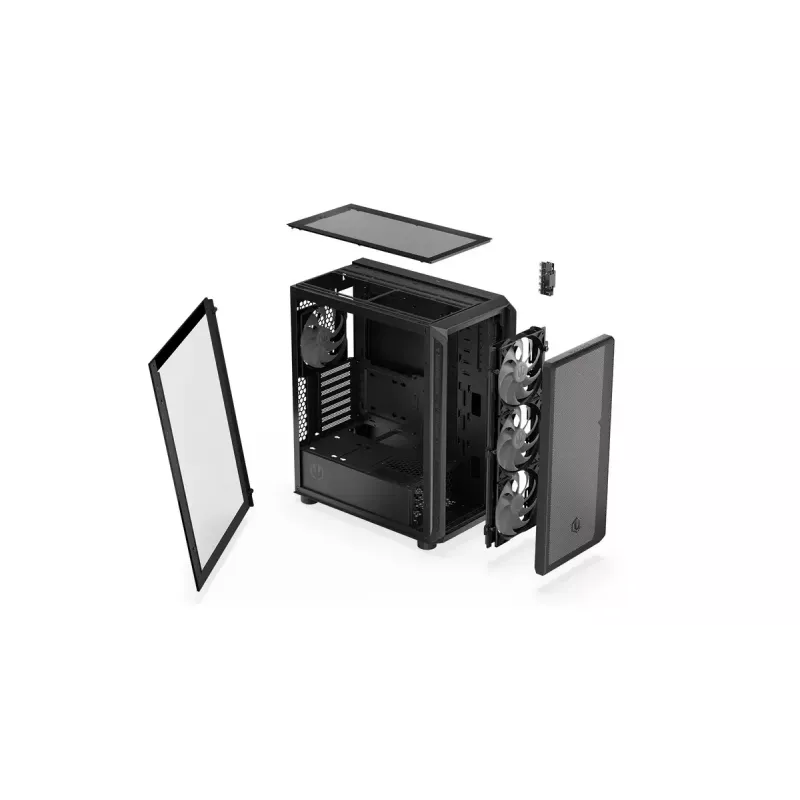 Korpusas ENDORFY Arx 500 ARGB ATX Juodas — grūdintas stiklas, ARGB, ATX, maks. GPU 350 mm, aušintuvo aukštis 179 mm, 7 išplėtimo lizdai
