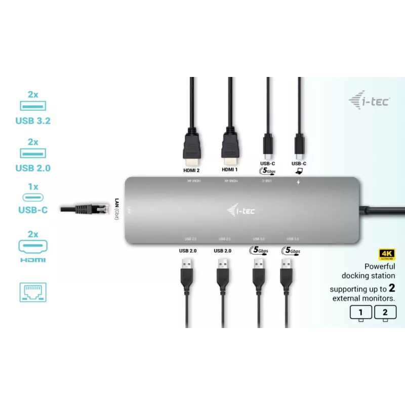 i-tec USB-C Metal Nano 2x Display Dock stotelė su Power Delivery 100 W