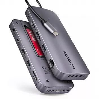 Axagon HMC-12GM2 USB 10Gbps centrinis mazgas, 3x USB-A, USB-C, HDMI, DP, RJ-45, M.2, SD/mSD, garsas, PD
