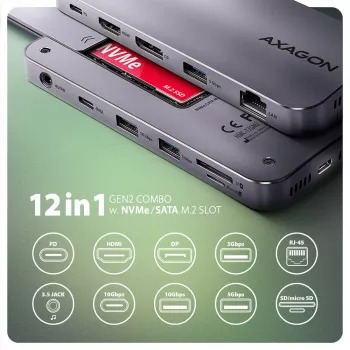 Axagon HMC-12GM2 USB 10Gbps centrinis mazgas, 3x USB-A, USB-C, HDMI, DP, RJ-45, M.2, SD/mSD, garsas, PD