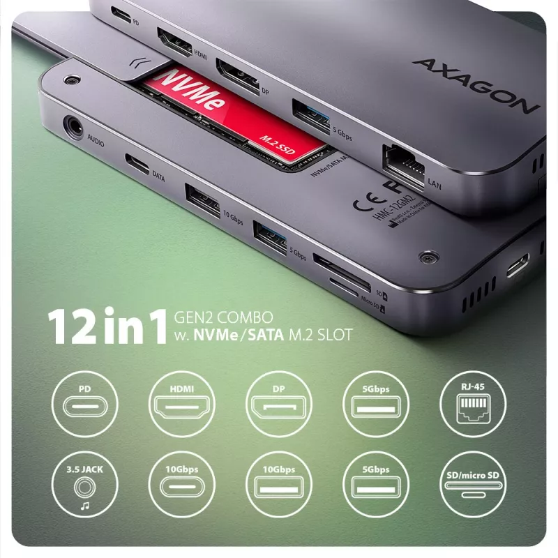 Axagon HMC-12GM2 USB 10Gbps centrinis mazgas, 3x USB-A, USB-C, HDMI, DP, RJ-45, M.2, SD/mSD, garsas, PD