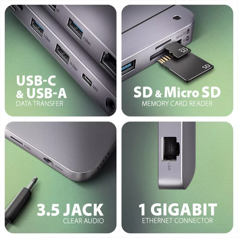 Axagon HMC-12GM2 USB 10Gbps centrinis mazgas, 3x USB-A, USB-C, HDMI, DP, RJ-45, M.2, SD/mSD, garsas, PD