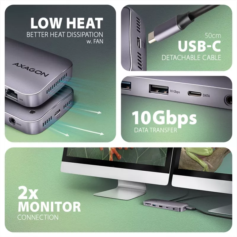 Axagon HMC-12GM2 USB 10Gbps centrinis mazgas, 3x USB-A, USB-C, HDMI, DP, RJ-45, M.2, SD/mSD, garsas, PD