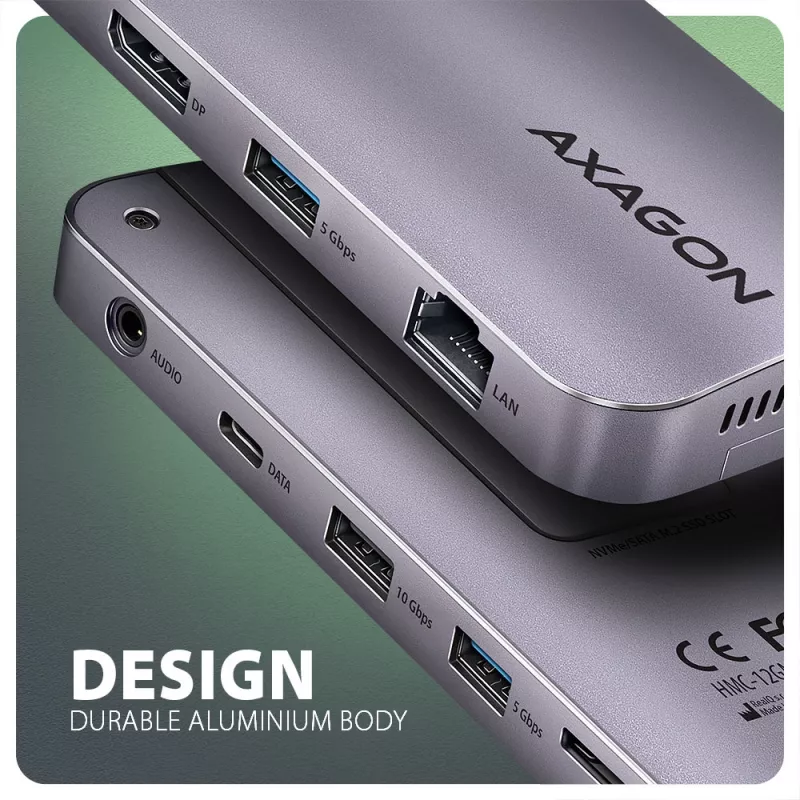 Axagon HMC-12GM2 USB 10Gbps centrinis mazgas, 3x USB-A, USB-C, HDMI, DP, RJ-45, M.2, SD/mSD, garsas, PD