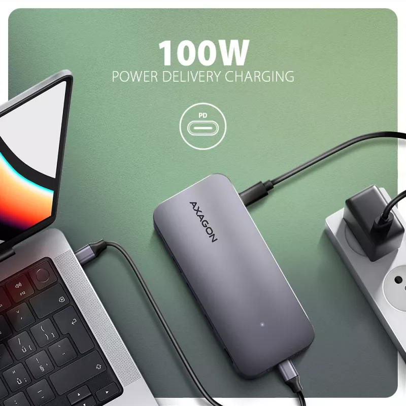 Axagon HMC-12GM2 USB 10Gbps centrinis mazgas, 3x USB-A, USB-C, HDMI, DP, RJ-45, M.2, SD/mSD, garsas, PD