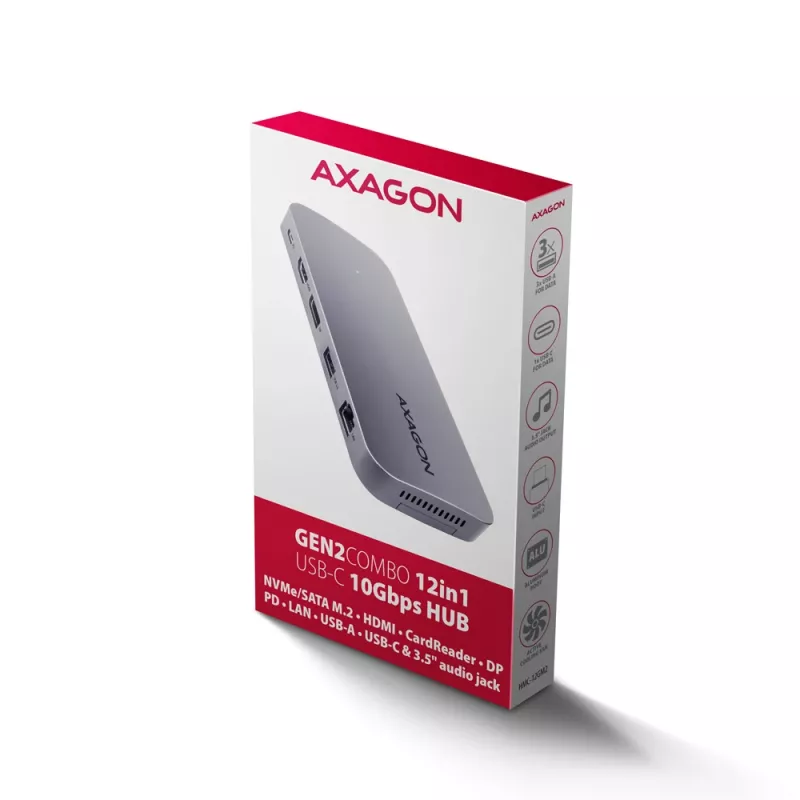 Axagon HMC-12GM2 USB 10Gbps centrinis mazgas, 3x USB-A, USB-C, HDMI, DP, RJ-45, M.2, SD/mSD, garsas, PD