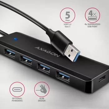USB 3.2 kelioninis 4x USB-A 5Gbps stotelė Axagon HUE-C1A, USB-C maitinimo įvadas, 19 cm USB-A laidas