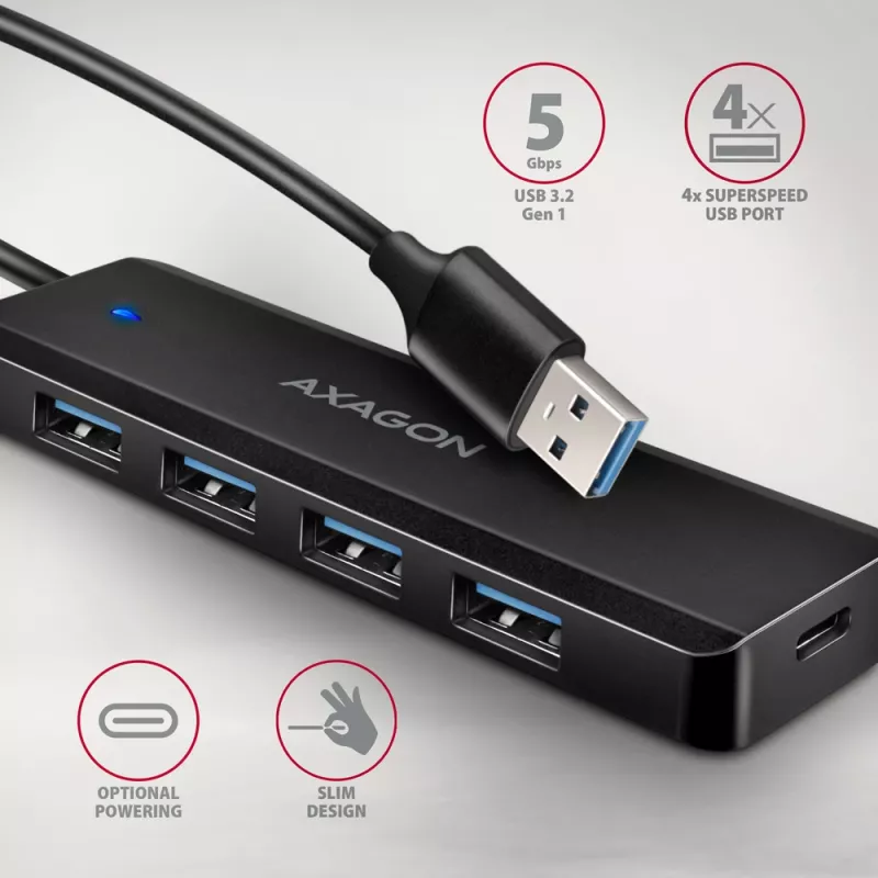USB 3.2 kelioninis 4x USB-A 5Gbps stotelė Axagon HUE-C1A, USB-C maitinimo įvadas, 19 cm USB-A laidas