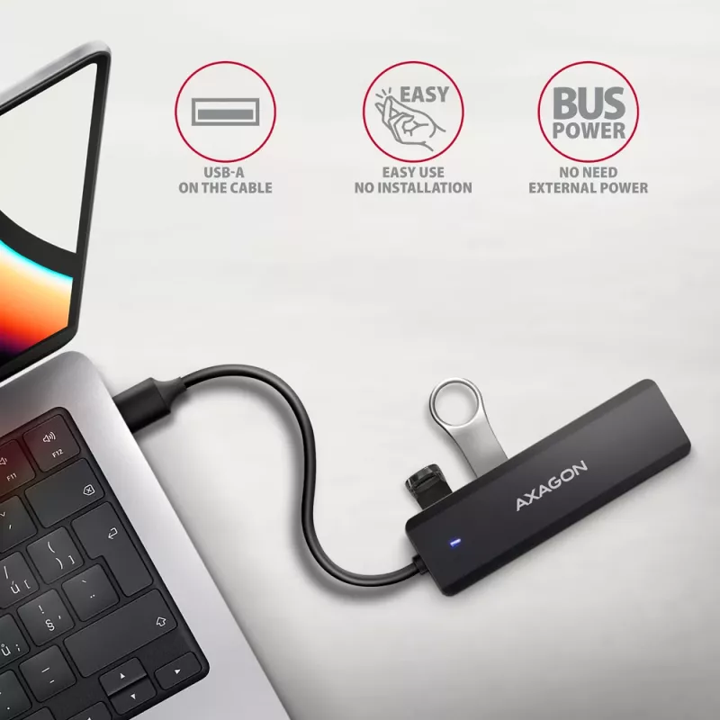 USB 3.2 kelioninis 4x USB-A 5Gbps stotelė Axagon HUE-C1A, USB-C maitinimo įvadas, 19 cm USB-A laidas